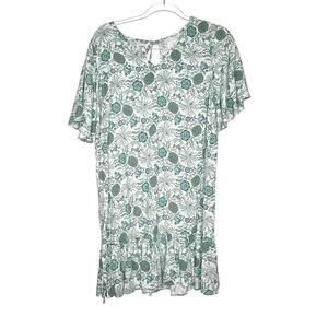 GAYA Floral Tunic T-Shirt Dress Short Sleeve V-Neck Ruffled White Green Size L